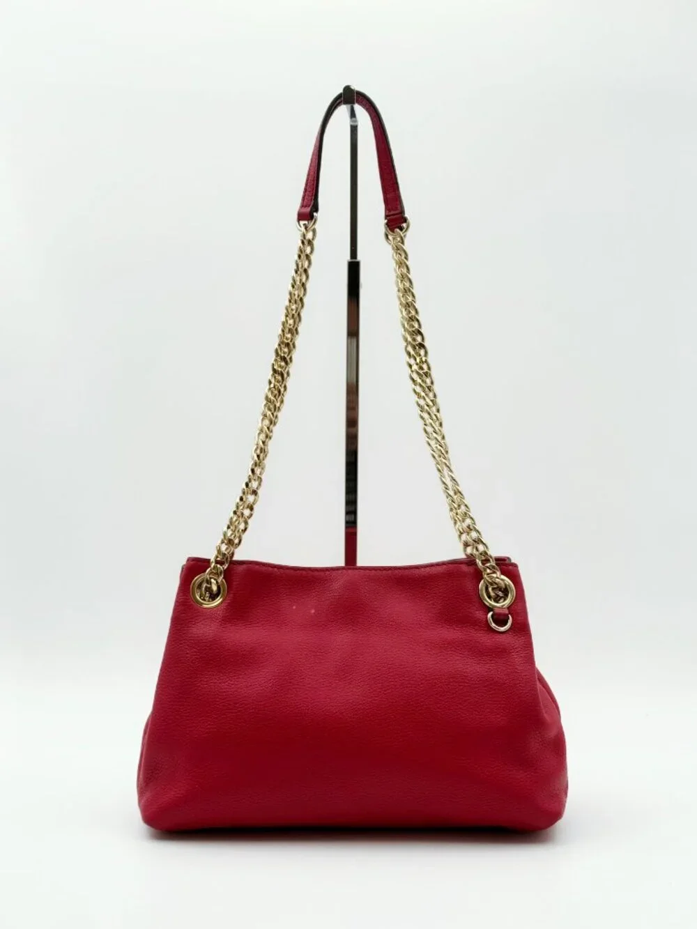 Michael Kors Red Leather Chain Shoulder Bag Gold Tone MK Charm Tote